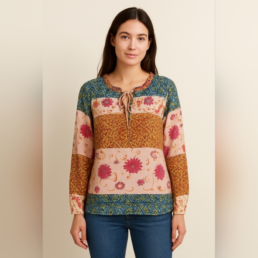 Joseph A.  Y2K  Boho Cottage Core Floral Patchwork Silk Tie Front Blouse L